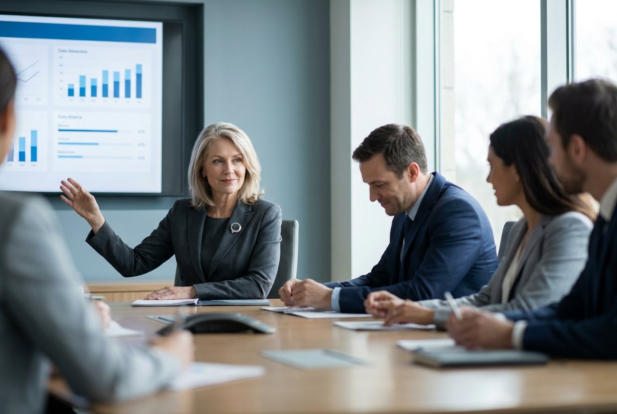 Executive leading a data-informed boardroom discussion