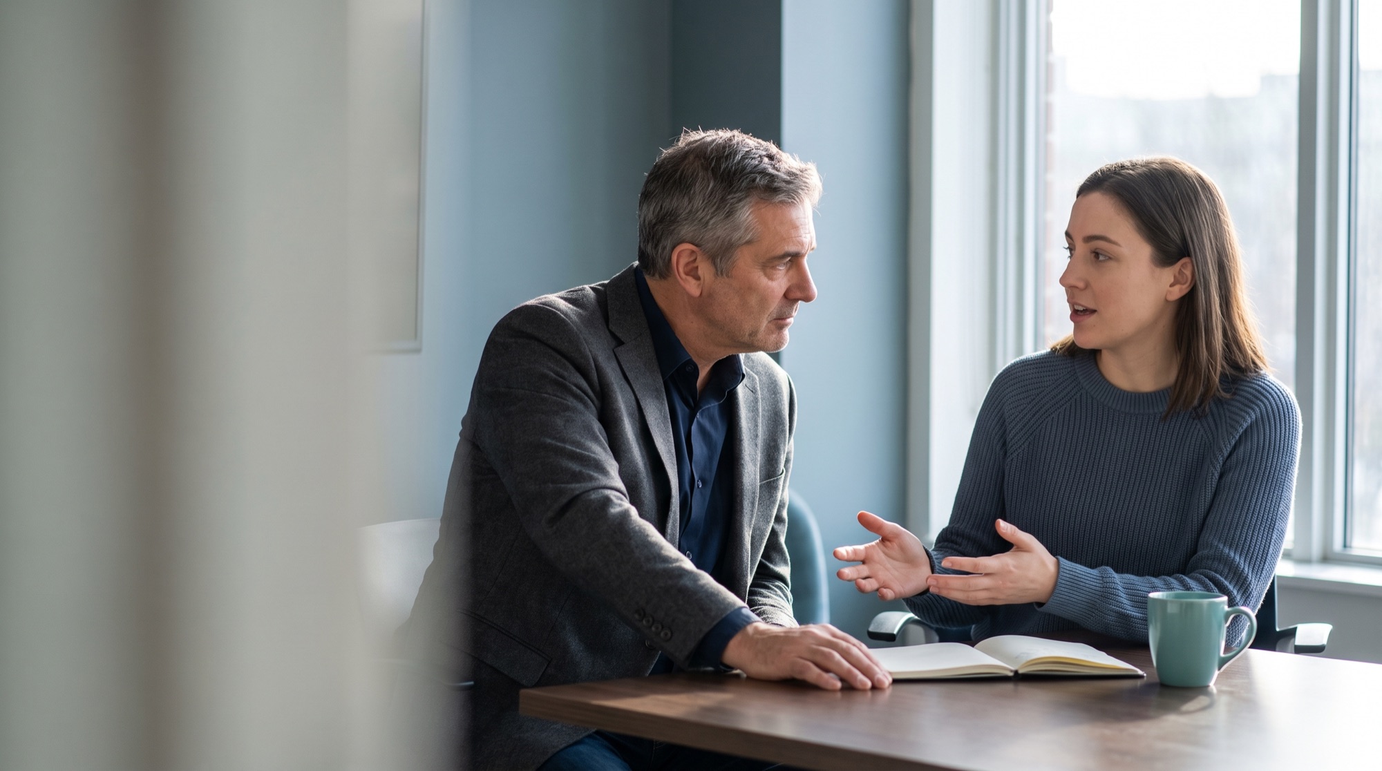 A manager coaching a team member one-on-one