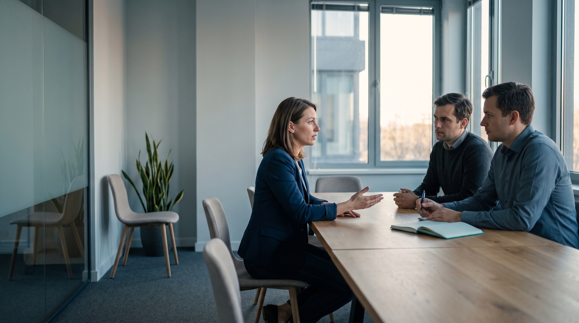 An employee speaking candidly with two colleagues listening across a meeting table