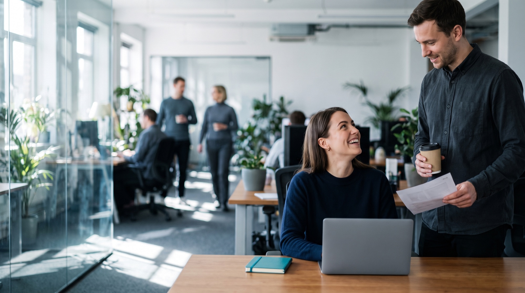 A new employee being welcomed at her desk in her first week