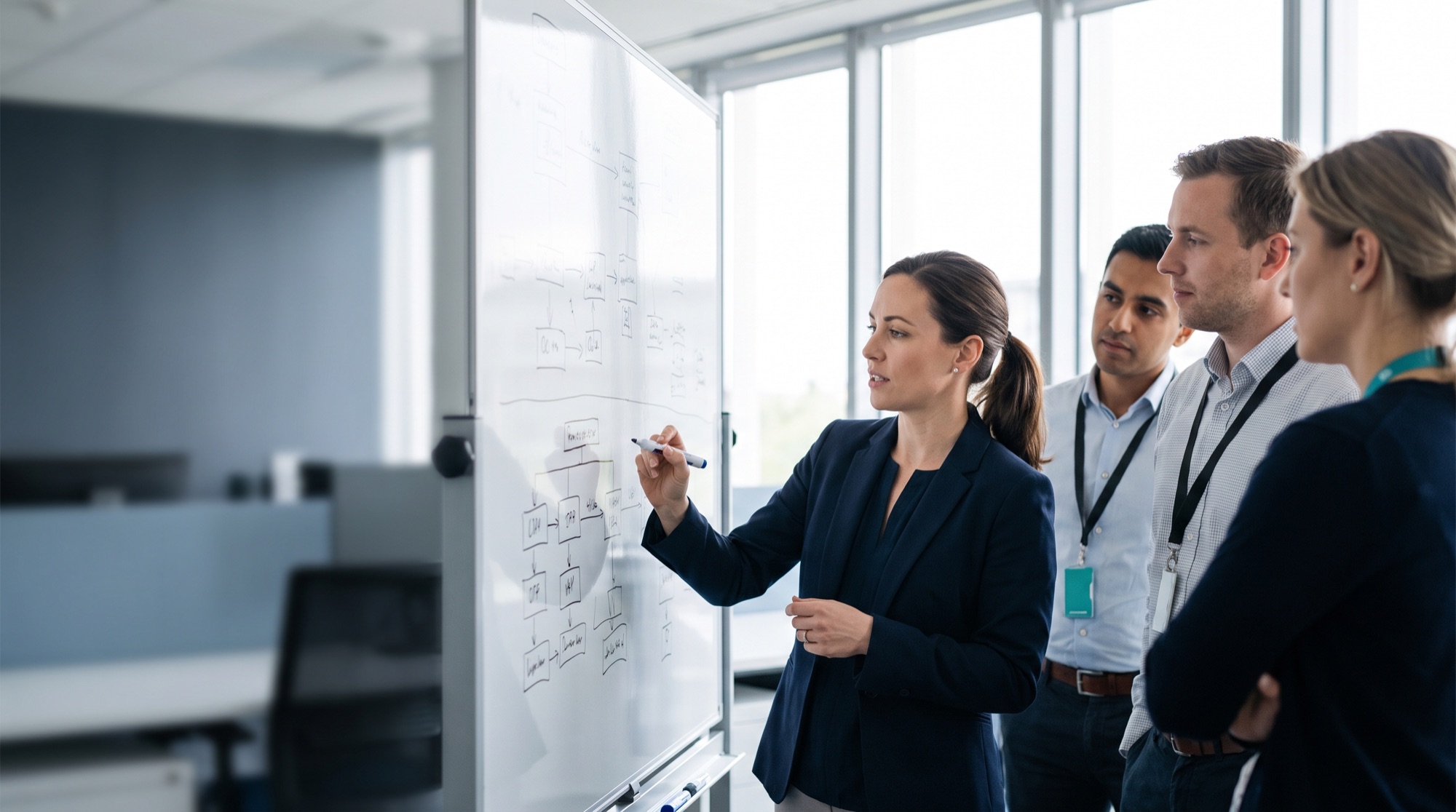 Senior specialist leading her team at a whiteboard