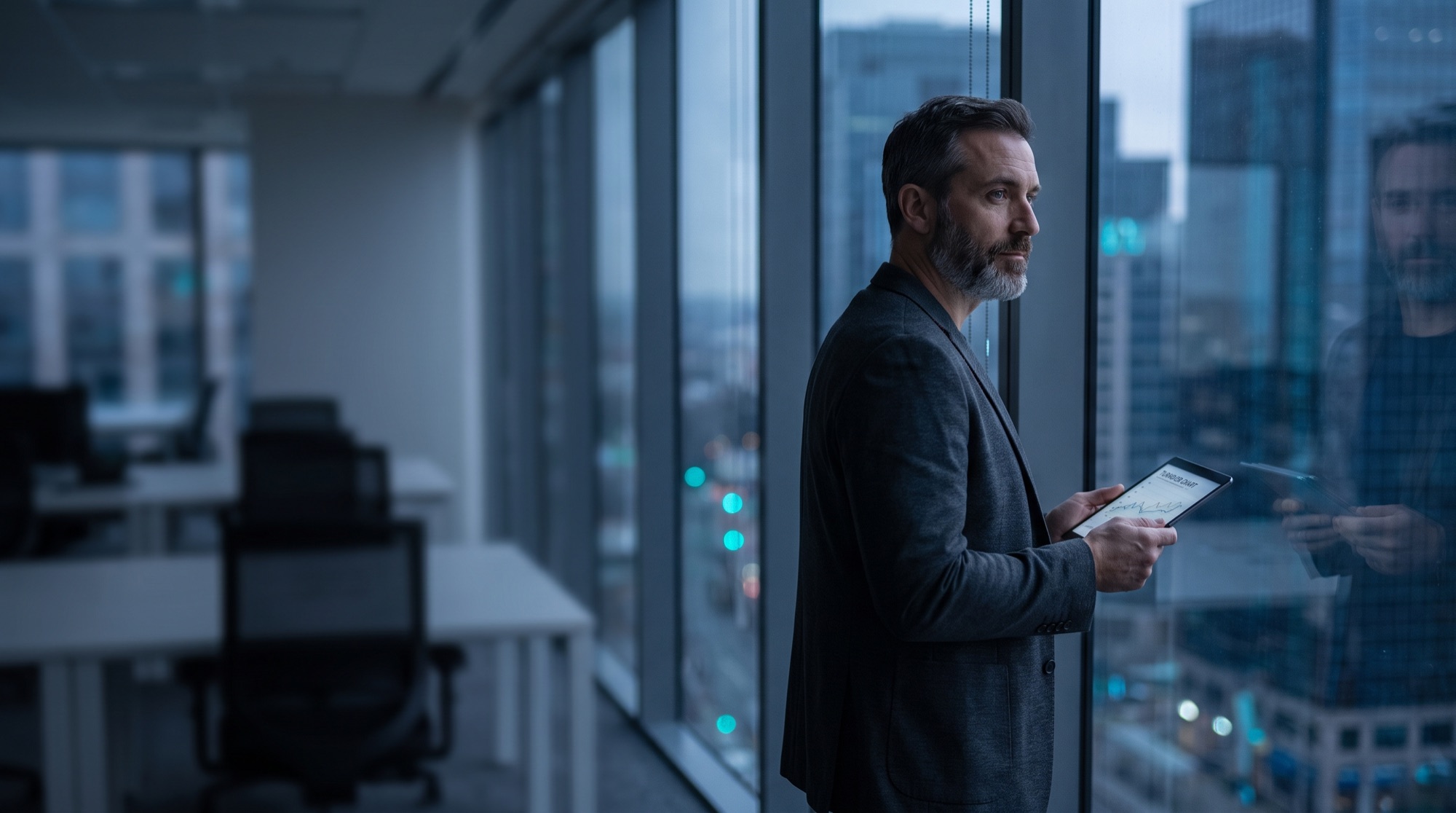 HR executive at an office window at dusk, reviewing turnover data