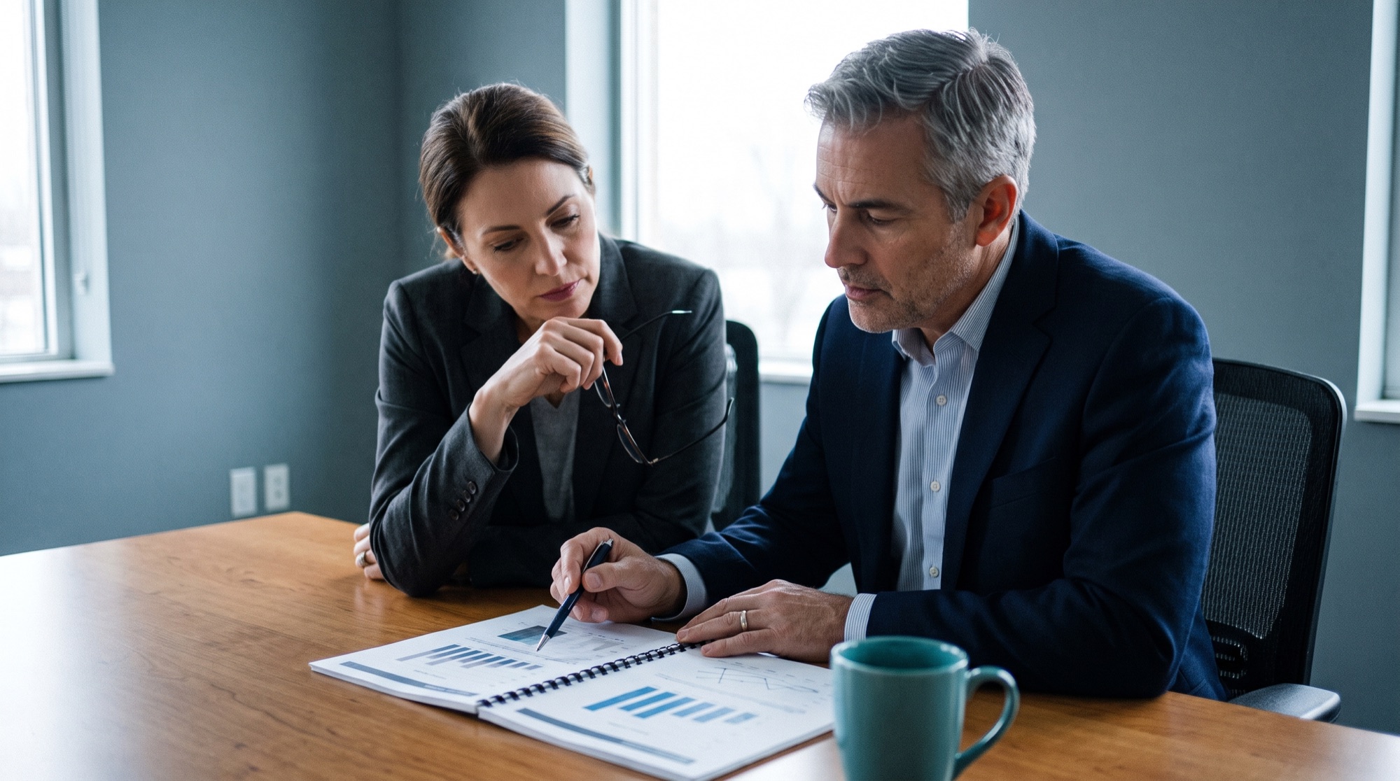 Two executives reviewing a workforce assessment report at a conference table