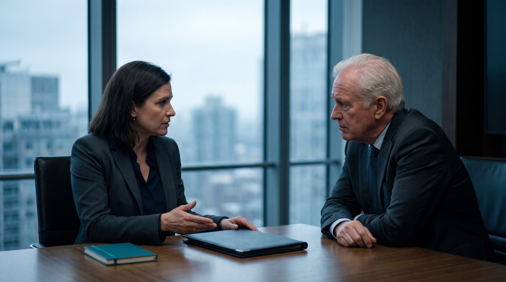 A senior advisor and a chief executive in a one-on-one strategic conversation in a boardroom
